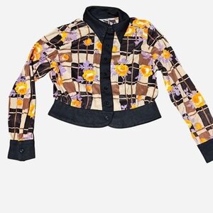 1970s Plaid And Floral Print Button Up Cropped Collared Blouse